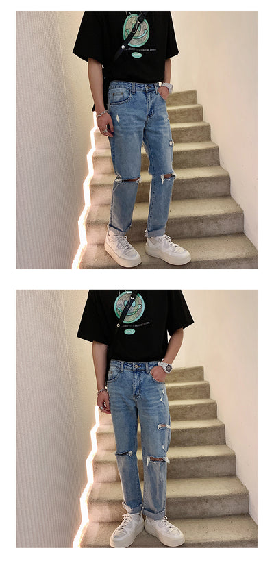 Pantalones Vaqueros Rotos Hombre Estilo Retro Japonés Cintura Suelta Pierna Recta - Image 9