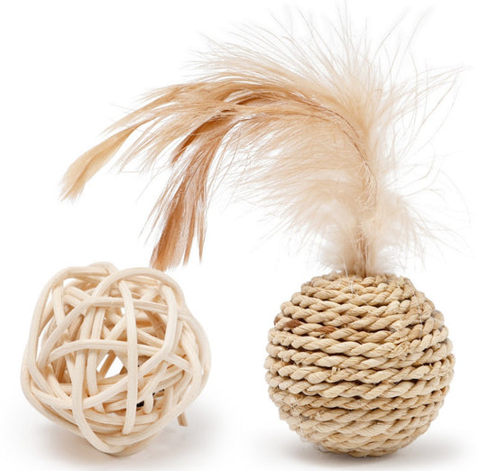 Two natural cat toys: a woven rattan ball and a braided grass ball with light brown feathers. - Image 9
