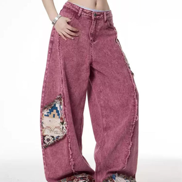 Jeans Rectos Sueltos con Costuras Retro Bordadas para Mujer - Verano