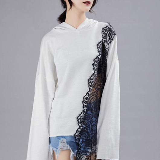 Sudadera con Capucha y Costuras Asimétricas de Encaje para Mujer - Image 6