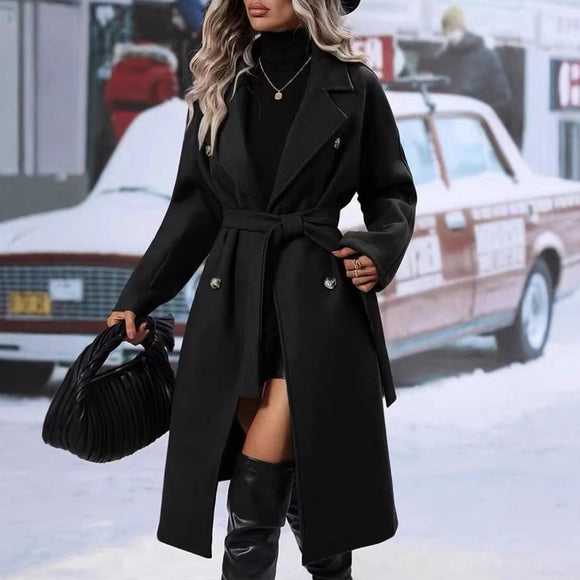 Long Trench Coat with Polo Collar and Double-Breasted Drawstring Closure