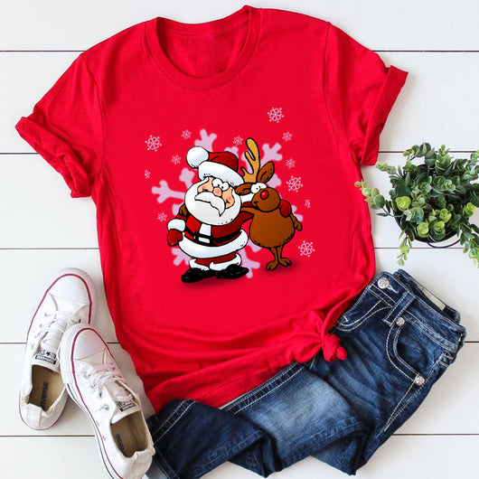 Playera Navideña Roja para Parejas - Diseño Reno y Santa - Image 40