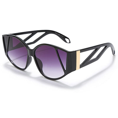 Light peach cat-eye sunglasses with purple gradient lenses and geometric cutouts on the frame. - Image 7