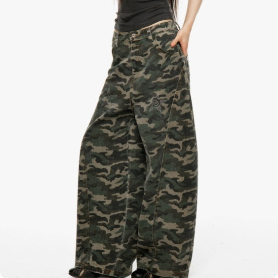 Jeans Camouflage Retro Americano para Mujer con Diamantes Termofijados
