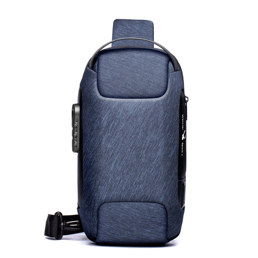 Light grey men's sling bag with a textured canvas finish, single padded shoulder strap, and visible USB charging port. - Image 13