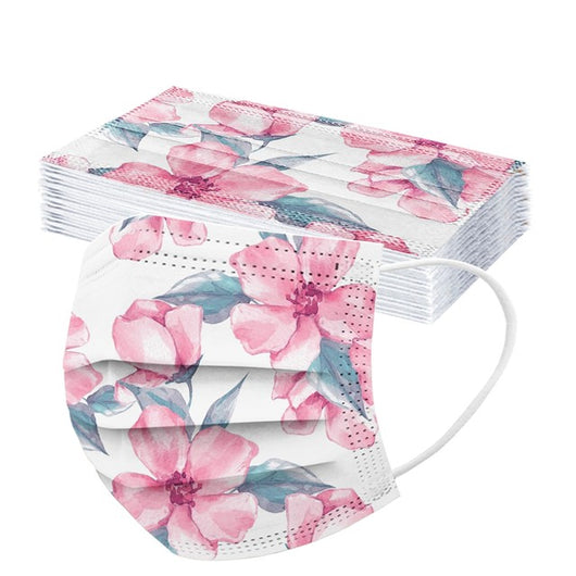 Stack of disposable facial masks with a watercolor floral pattern of red, pink, and orange roses and green leaves. - Image 9