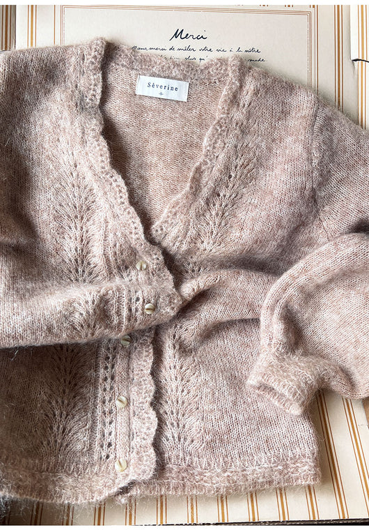 Cardigan Mohair Azul Neblina Tejido Cuello V Mangas Abullonadas - Image 3