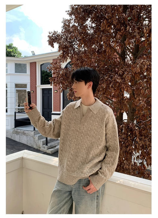 Suéter Tipo Pullover para Hombre con Textura Espiga y Solapa Retro - Image 9