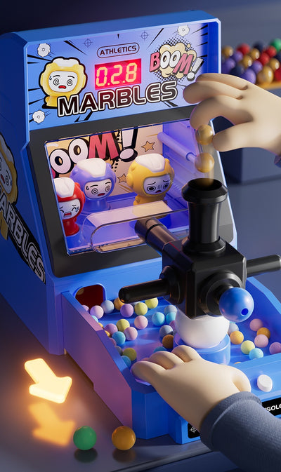 Red tabletop marble game machine with a joystick, buttons, and a lighted display, featuring colorful marbles. - Image 14