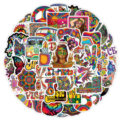 A hand holds a vibrant, tie-dye butterfly sticker with a black outline, against a blurred background of many other colorful, hippie-style stickers. - Image 10