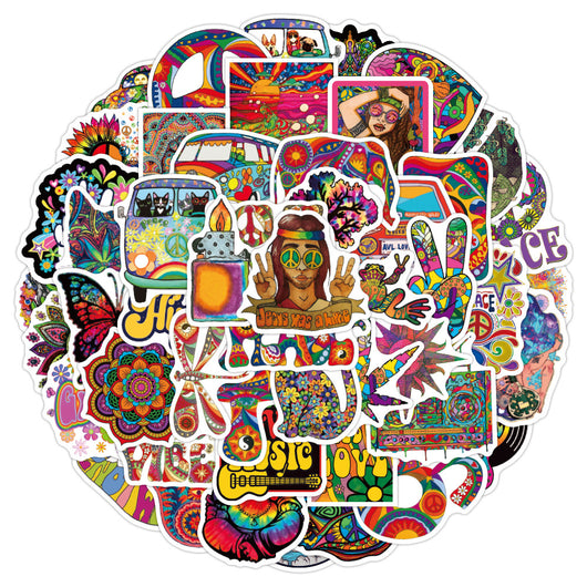 A hand holds a vibrant, tie-dye butterfly sticker with a black outline, against a blurred background of many other colorful, hippie-style stickers. - Image 10