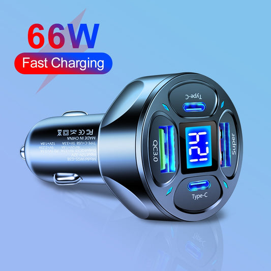 Cargador de Auto 66W con Pantalla Digital - 2 USB + 2 Type-C Carga Ultrarrápida