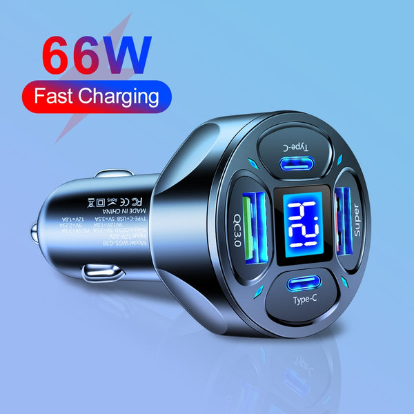 Cargador de Auto 66W con Pantalla Digital - 2 USB + 2 Type-C Carga Ultrarrápida