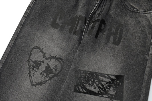 Pantalones Anchos Estilo Urbano con Estampado Cartoon Desgastado para Hombre - Image 2