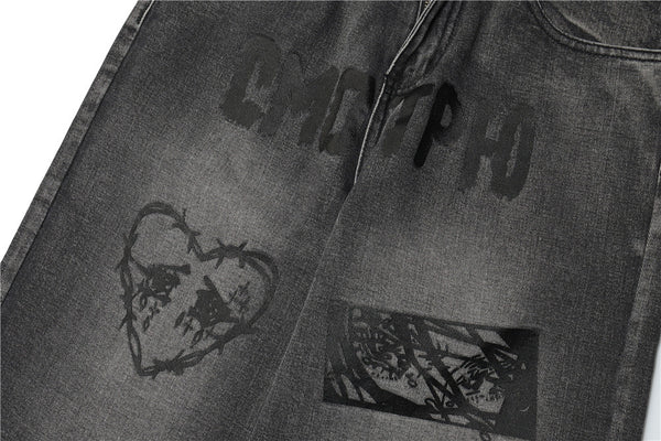Pantalones Anchos Estilo Urbano con Estampado Cartoon Desgastado para Hombre