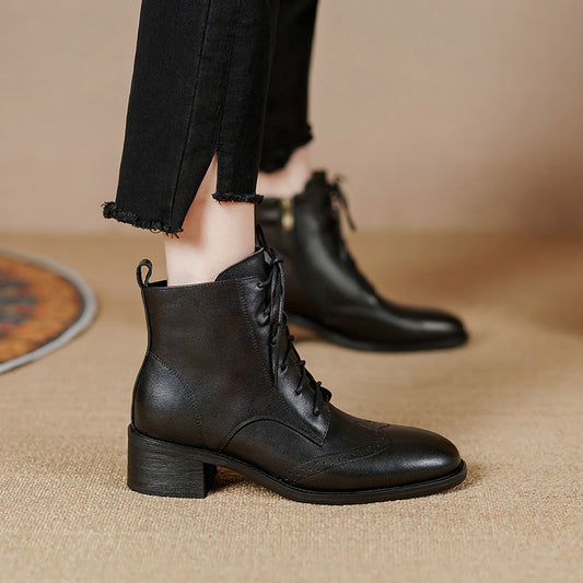 Botas Tobilleras de Cuero Estilo Retro con Cierre Lateral y Cordones