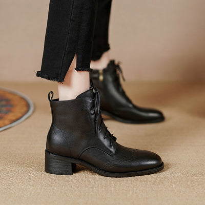 Botas Tobilleras de Cuero Estilo Retro con Cierre Lateral y Cordones