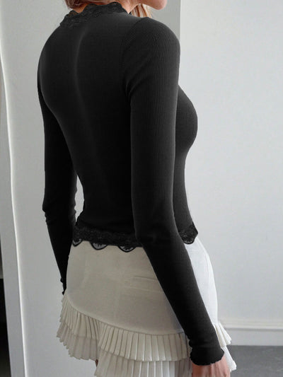 Blusa Elegante de Encaje y Costillas Manga Larga para Mujer - Image 11