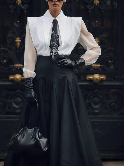 Conjunto Elegante: Camisa Oversized Blanco y Negro + Falda Maxi Cintura Alta - Image 2