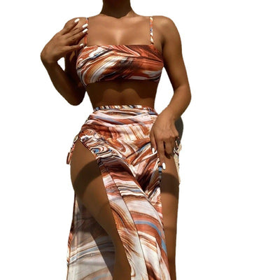Women's 3-piece bikini set with a brown, white, and blue tie-dye wave pattern, including a top, bottom, and sarong. - Image 10