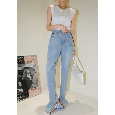 Jeans Slim Cintura Alta con Abertura Lateral - Algodón Premium Estilo Urbano