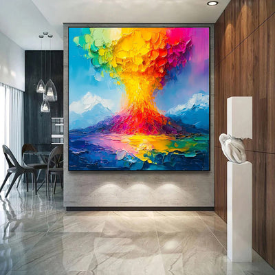 Cuadro Óleo Artesanal Erupción Volcánica - Lienzo Grueso Naranja y Azul - Image 11