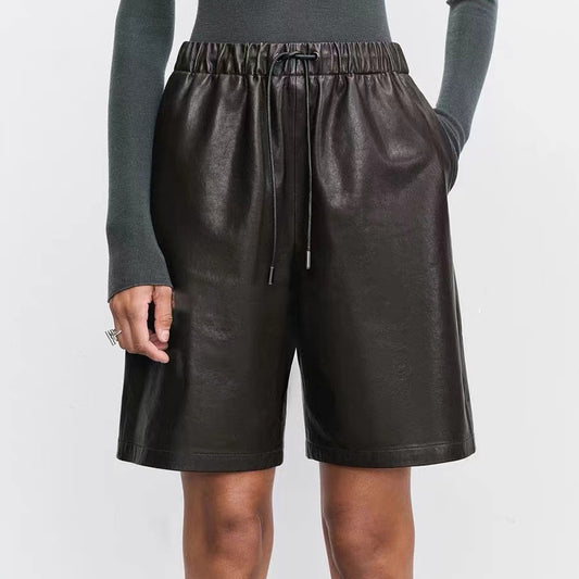 Shorts de Cuero con Cintura Elástica - Casual Versátil para Mujer
