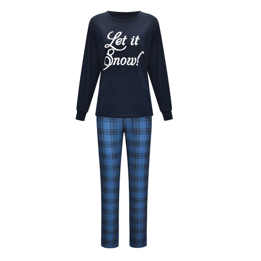 Dark blue long-sleeve pajama set with "Let it Snow!" script top and blue and black plaid pants. - Image 10