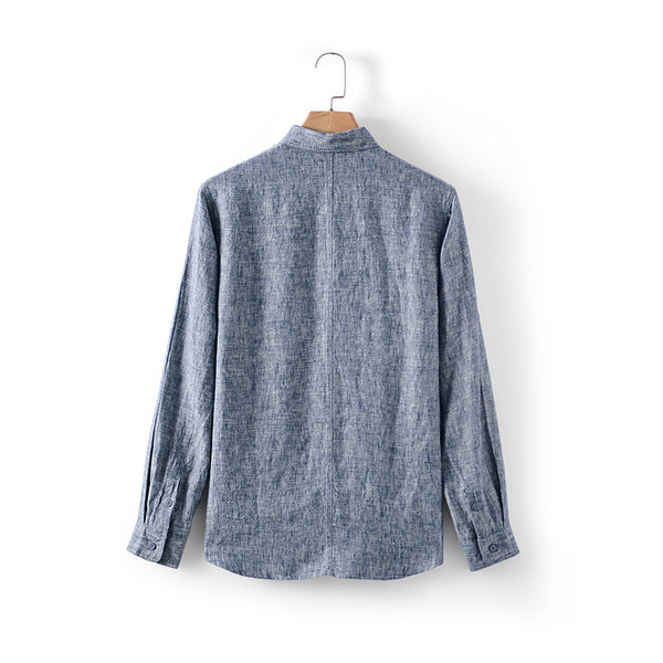 Camisa de Lino Suelta con Cuello Polo Manga Larga para Hombre