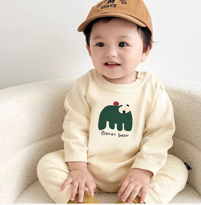 Matching cream crew neck sweatshirts, one adult and one child size, with a dark green bear graphic and "Boner bear" text. - Image 9