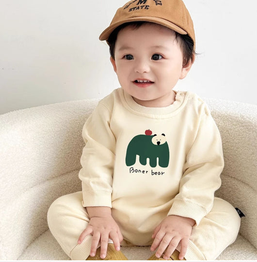 Matching cream crew neck sweatshirts, one adult and one child size, with a dark green bear graphic and "Boner bear" text. - Image 9