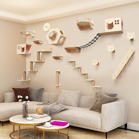 Árbol Rascador Mural para Gatos - Plataforma de Madera Sólida con Escalera
