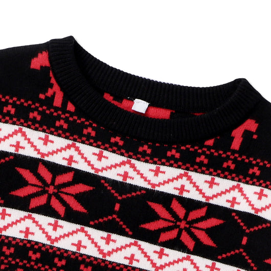 Women's black, red, and white Christmas sweater with reindeer and snowflake fair isle patterns, round neck, long sleeves. - Image 23