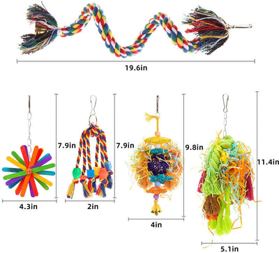 5-piece colorful parrot gnawing toy set with braided cotton ropes, wooden beads, shredded paper, and a bell. - Image 6