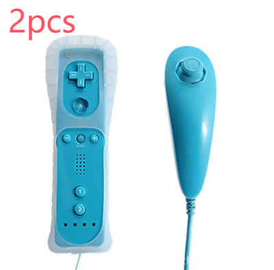White Wii remote with a light blue silicone sleeve and a white Nunchuk controller with a grey wrist strap. - Image 8