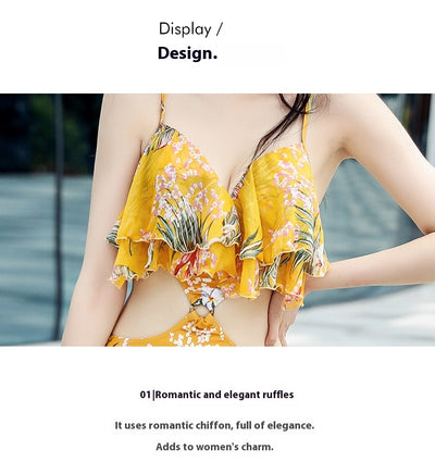 Pink tropical print three-piece women's swimwear set with ruffled bikini top, high-waisted bottoms, and matching sarong. - Image 29