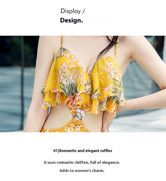 Pink tropical print three-piece women's swimwear set with ruffled bikini top, high-waisted bottoms, and matching sarong. - Image 29