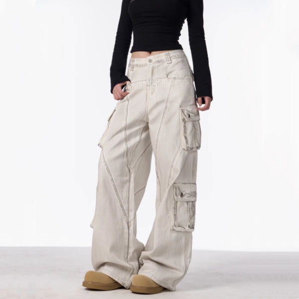 Pantalones Cargo Retro Mujer Cintura Alta Pierna Ancha Casual