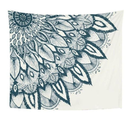 White polyester tapestry with a dark teal half mandala design featuring intricate feather and leaf patterns.