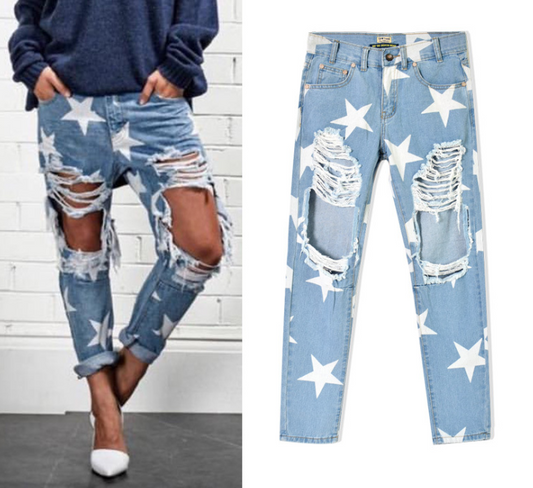 Pantalones Vaqueros Rectos Sueltos con Estampado de Estrellas para Mujer