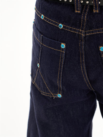 Pantalones Jeans Azul Oscuro Retro Corte Recto Ancho Casual - Image 14