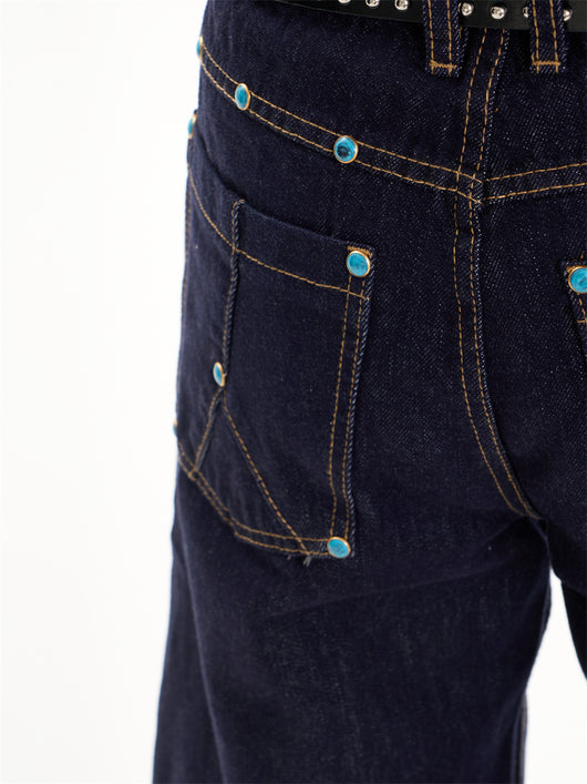 Pantalones Jeans Azul Oscuro Retro Corte Recto Ancho Casual - Image 14