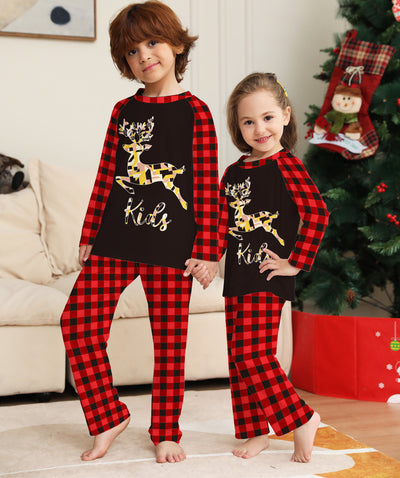 Kids' black and red buffalo plaid pajamas with a colorful deer graphic and "Kids" text on the top. - Image 4