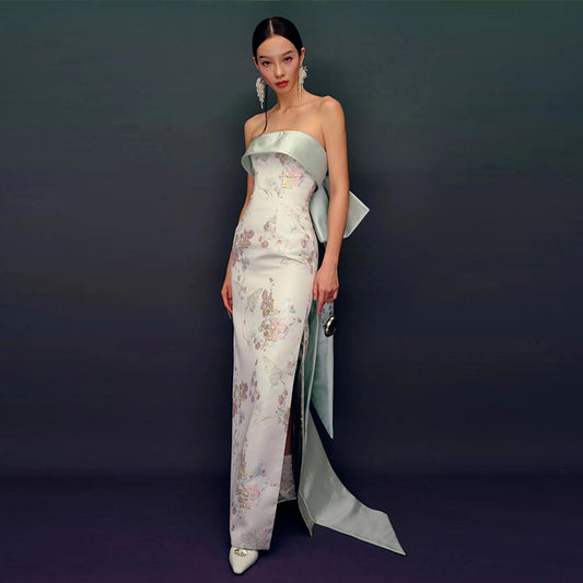 Vestido Cheongsam Escote Tubo Estilo Chino para Novia