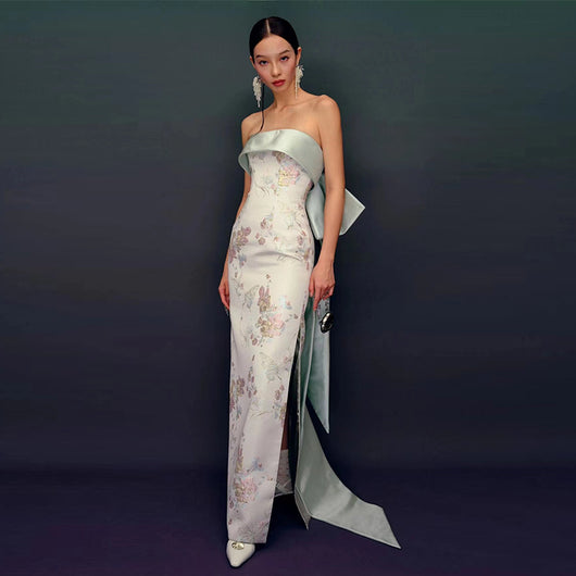 Vestido Cheongsam Escote Tubo Estilo Chino para Novia