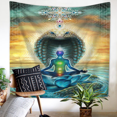 Vibrant lotus meditating tapestry with a figure in a yoga pose, chakras, and a cobra, in blue, green, orange, and yellow. - Image 3