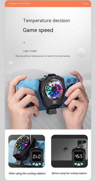 Black mobile phone cooling fan with colorful LED lights attached to the back of a silver smartphone. - Image 11