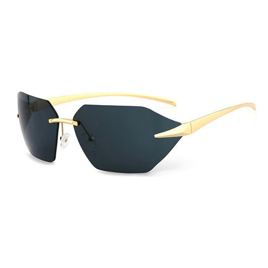 Trendy women's rimless cat-eye sunglasses with silver mirrored lenses and gold-colored metal temples. - Image 9