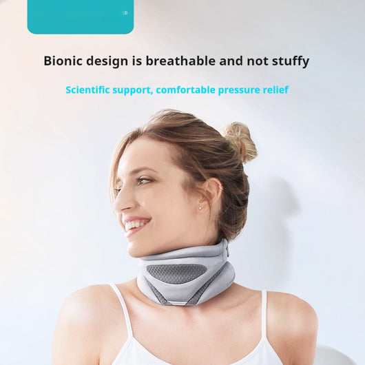 Pink bionic breathable neck guard for cervical vertebra care, designed to prevent bowing and neck leaning forward, shown with a grey storage bag. - Image 2