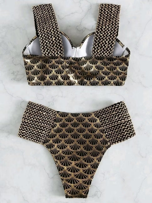 Women's high-waisted two-piece bronzing swimwear with black and gold art deco fan pattern and textured straps. - Image 11